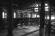 Dark shady interior of the slab and shingle shed