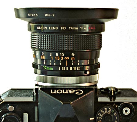 Nikon HN-9 lens hood fitted to a 17mm Canon lens